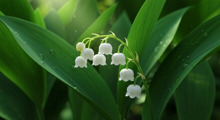 Obraz premium Blooming Lily of the Valley Flowers with Green Leaves in Natural Light