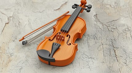 Orange violin, lying on textured surface, music background