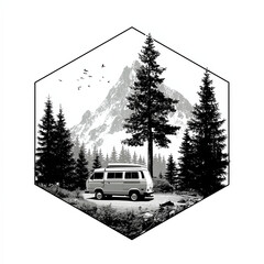 Black geometric vector of camper van and tree inside hexagonal frame, minimalist travel and eco-tourism logo, isolated on white background