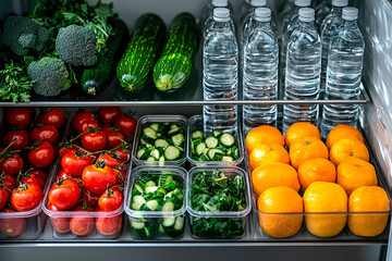 inside a well-organized refrigerator with fruits, vegetables, and water