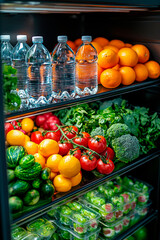 inside a well-organized refrigerator with fruits, vegetables, and water