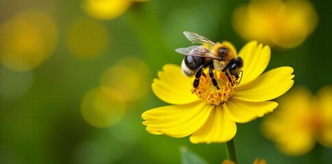 Stunning macro shot of bumblebee collecting nectar on yellow solidago blossoms in tropical Florida setting, solidago, yellow