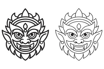 Two black line art renderings depict a similar face with tusks and head ornamentation