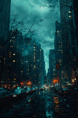 city at night experiencing a blackout, tall skyscrapers with dark windows, abandoned cars on the streets, post-apocalyptic feeling