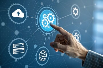 Hand Touching a Glowing Digital Process Icon and Network