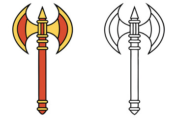 A double bladed axe illustration appears alongside a line art version on transparent background