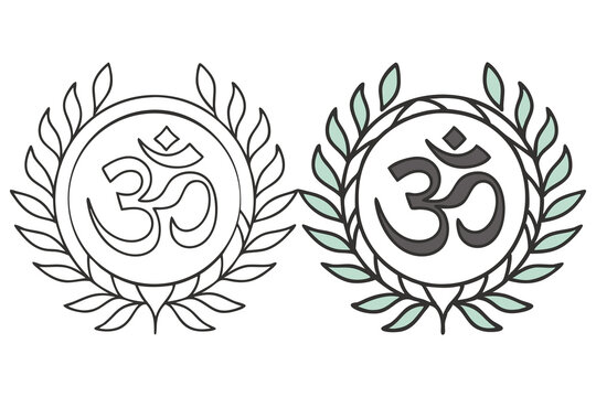 Outlined symbol and colored symbol encircled by leaves show different styles on white background