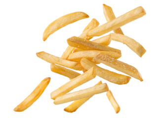 Delicious Golden French Fries Falling on Black Background