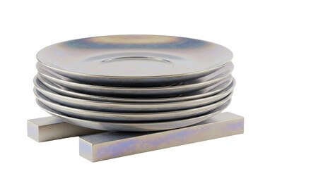 Isolated Stack of Iridescent Plates on Minimalist Stand