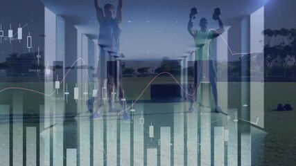 Three men performing strength training on grass, showcasing finance charts over dumbbells and tire - Powered by Adobe