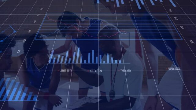 Basketball coach kneeling guiding players during timeout on court, showing floating data charts