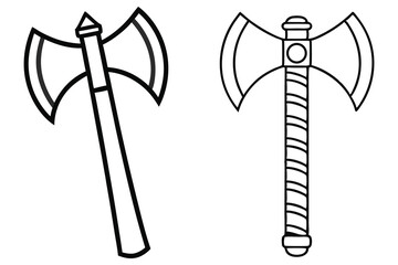 Two fantasy double bladed battle axes exhibit outlined detail against white background transparency