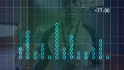 Male coach holding whistle guiding female players on basketball court, showing sports data overlay - Powered by Adobe