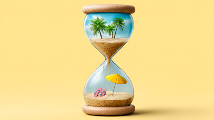 Conceptual illustration of an hourglass with a beach and flip flops on a tropical island. Symbol of vacation, time and relaxation."