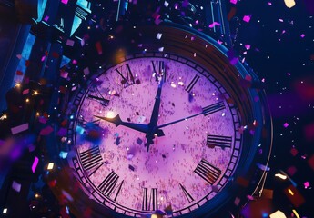 Purple And Pink Confetti Exploding Around A Vintage Clock Digital Artwork