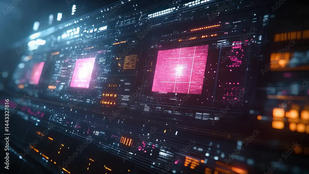 Poster futuristic digital control panel with neon lights and data visualization