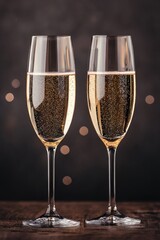 Elegant champagne flutes filled with sparkling bubbles on wooden table