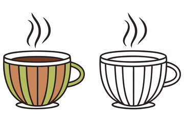 Steaming cups with stripes display hot contents beside line art with transparent background