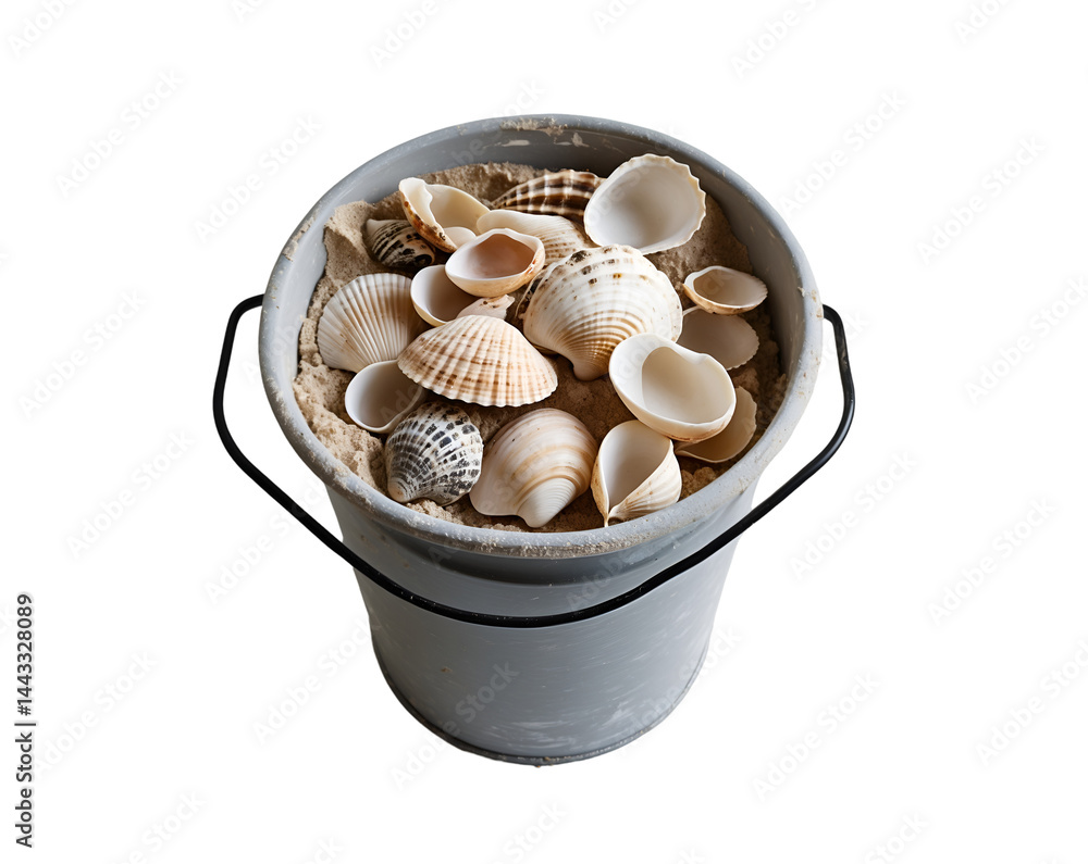 Poster a charming sand bucket filled to the brim with an assortment of seashells on an isolated setting cap