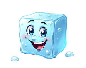 A cheerful and vibrant cartoon ice cube character with a beaming smile, radiating happiness and a sense of playful refreshment for summery, fun designs