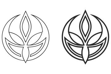 Two outline floral emblems sit side by side on the white background, one thick