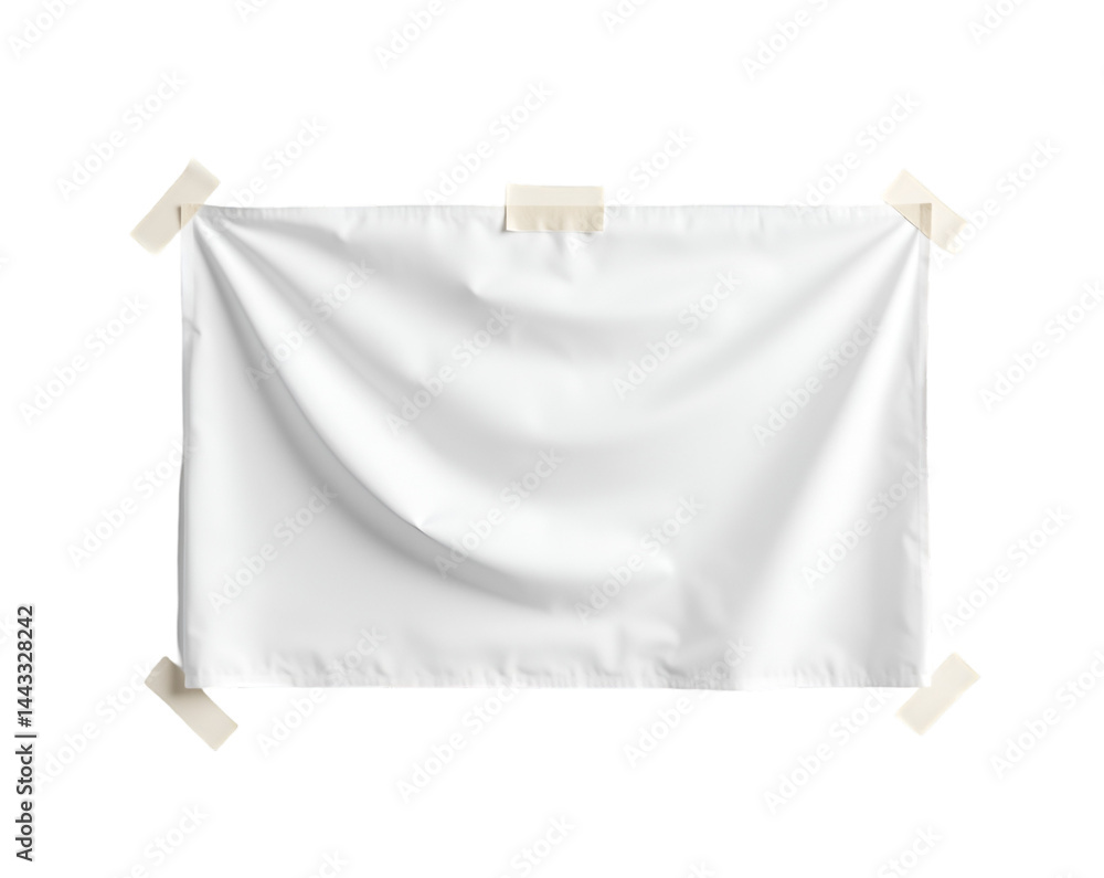 Poster a clean white banner secured with adhesive tape, creating a versatile backdrop for various messages 