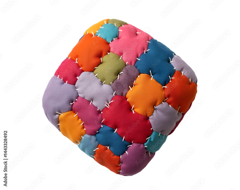 Poster a colorful patchwork cube, intricate textile art with vibrant stitched squares displaying a multitud