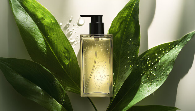larger minimalist rectangular semi-opaque glass bottle with white facial cleanser inside, featuring a slim black metal pump top, stands elegantly amidst two large