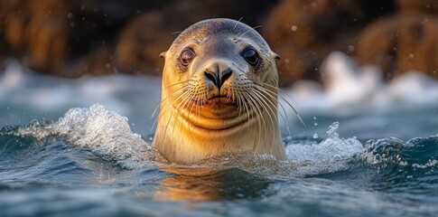 Obraz premium Playful Sea Lion Swimming in Ocean Waters Marine Close-Up View Nature Photography