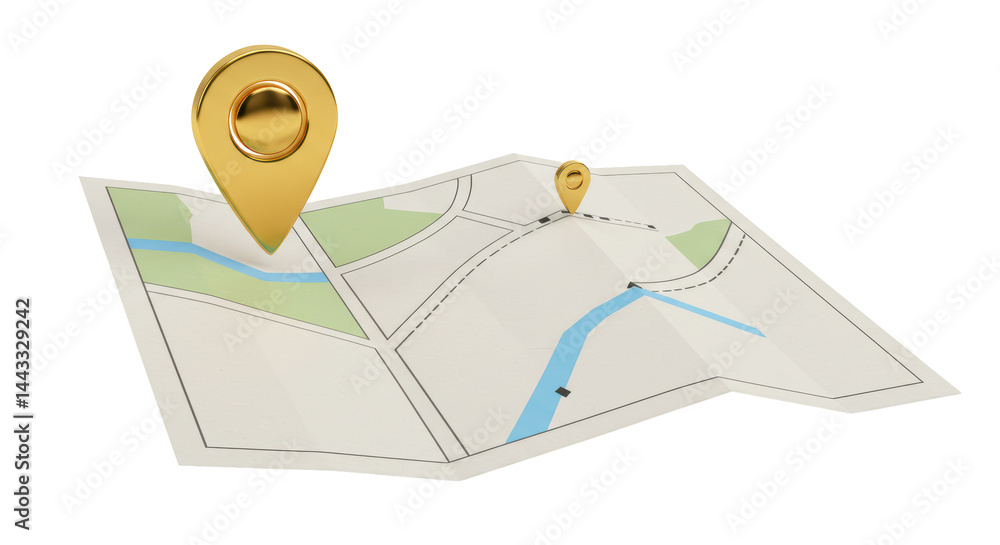 Poster isolated folded map with golden location pins travel and navigation