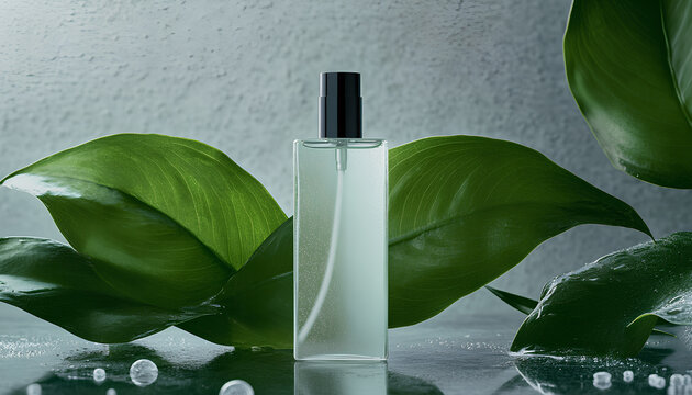 larger minimalist rectangular semi-opaque glass bottle with white facial cleanser inside, featuring a slim black metal pump top, stands elegantly amidst two large