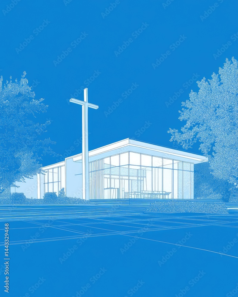 Poster architectural illustration of a building with a cross and trees against a blue sky. artistic represe