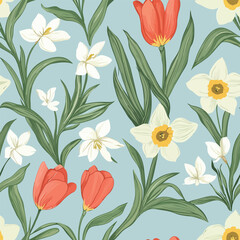 Seamless spring-themed pattern with vibrant flowers, fresh leaves, and soft pastel colors. Ideal for Easter, nature designs, and seasonal branding.