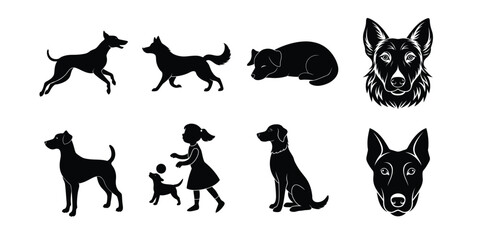 A set of detailed animal silhouettes of a pet dog,dog silhouette vector illustration element.