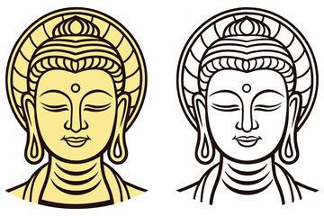 Two Asian Buddhas show peaceful expressions, one in color and the other in line art