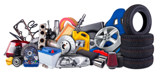 huge stack pile of  car parts including seat wheels, tires, filters, and engine components isolated white background. automotive vehicle repair and service industry concept.