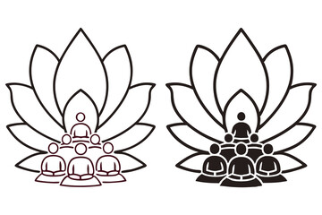 Meditating figures assemble before two lotus flowers depicted as outline symbols on a white background