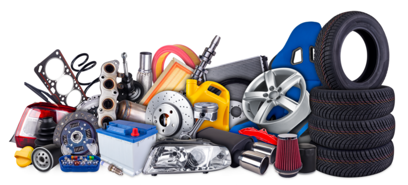 huge stack pile of  car parts including seat wheels, tires, filters, and engine components isolated white background. automotive vehicle repair and service industry concept.
