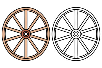 A light brown wagon wheel stands beside a line art version wheel against white