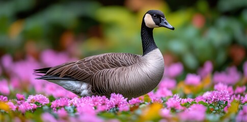 Obraz premium Elegant Goose Walking Among Flowers in a Scenic Garden Nature Photography Bright Spring Close-Up View