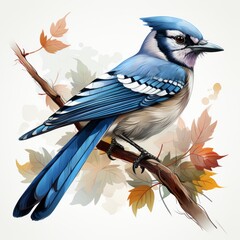 Colorful Blue Jay Bird Perched on Branch, Watercolor style Isolate on White Background