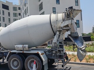 Concrete Mixture, Concrete Transit Mixture Vehicle. Concrete Mixture Drum On Construction Site For...