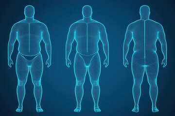 3D Wireframe Model of Human Body from Front, Side, and Back View