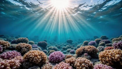 Naklejka premium A vibrant underwater scene showcasing colorful coral reefs illuminated by sunrays filtering through the water's surface.