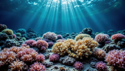 Fototapeta premium A vibrant underwater scene showcasing colorful coral formations illuminated by sunlight streaming through the water's surface.