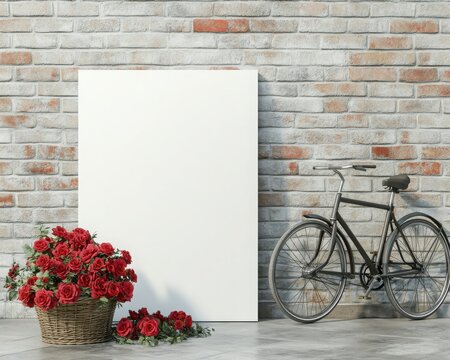 Red Flowers In Basket Near Blank Artwork And Black Bicycle Against Brick Wall