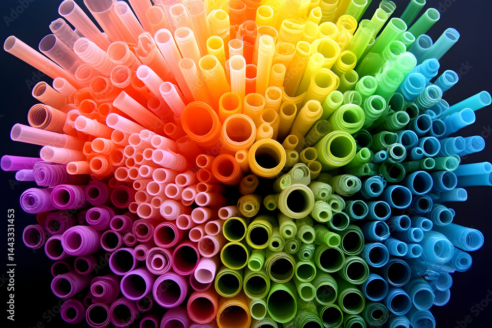 Poster vibrant rainbow-colored tubes arranged in a captivating circular pattern, creating a striking visual