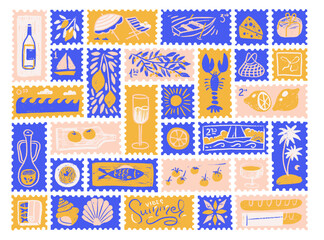 Big set of Summer postal stamps with sailor boat, Italian food, sardines and lemon. Pencil hand drawn textured vector illustration. Vintage simple naive elements in blue and yellow colors