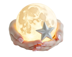 A Pair of Hands Gently Cradle a Glowing Moon While a Silver Star Adds a Touch of Magic in the Soft Illumination of a Dreamlike Setting