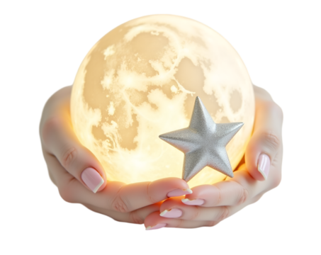 A Pair of Hands Gently Cradle a Glowing Moon While a Silver Star Adds a Touch of Magic in the Soft Illumination of a Dreamlike Setting